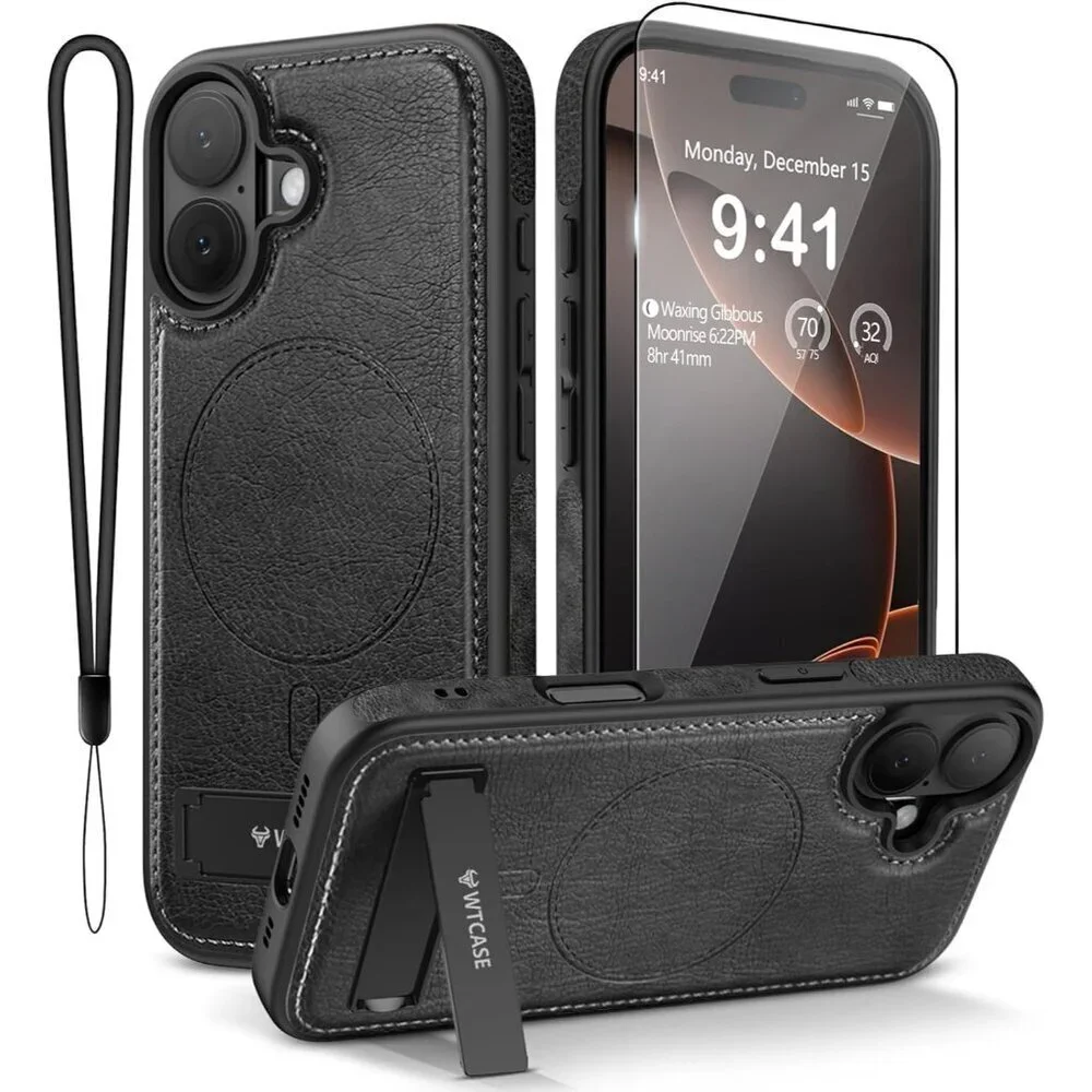 Black Iphone 17 Pro Max Invisible Stand Protective Slim Kickstand Leather Case